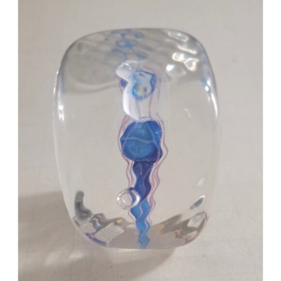 Crystal Paperweight Blue Abstract Blue Pink Art Glass Signed Office Desk 1.5" - Picture 2 of 5